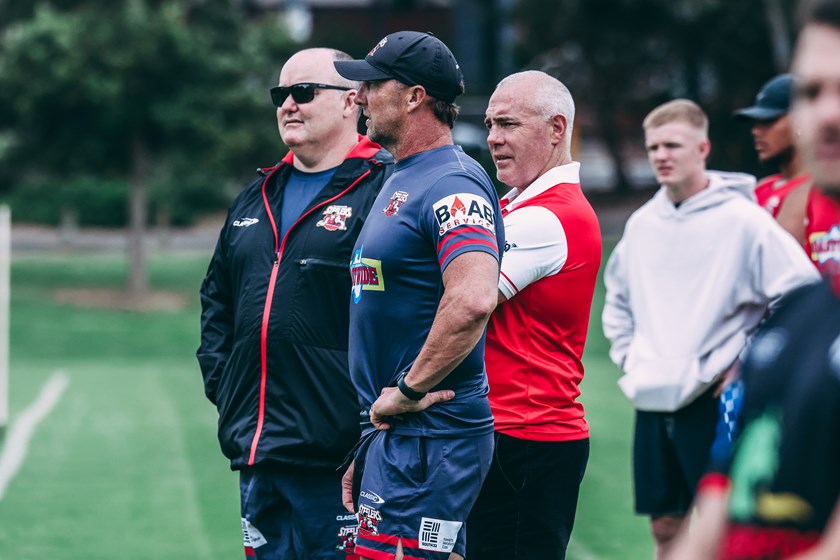 Recruitment & Pathways Manager Shane Millard chatting with Steelers SG Ball head coach Shaun Timmins & assistant Mark Riddell.