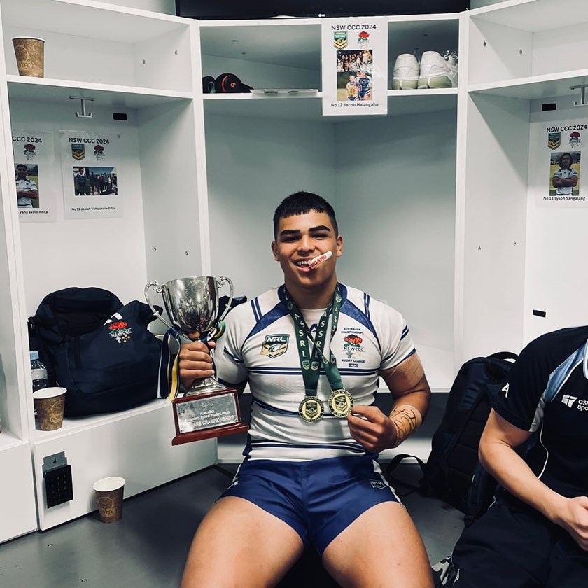 Halangahu showing off his new silverware following NSWCCC's National Championships victory.